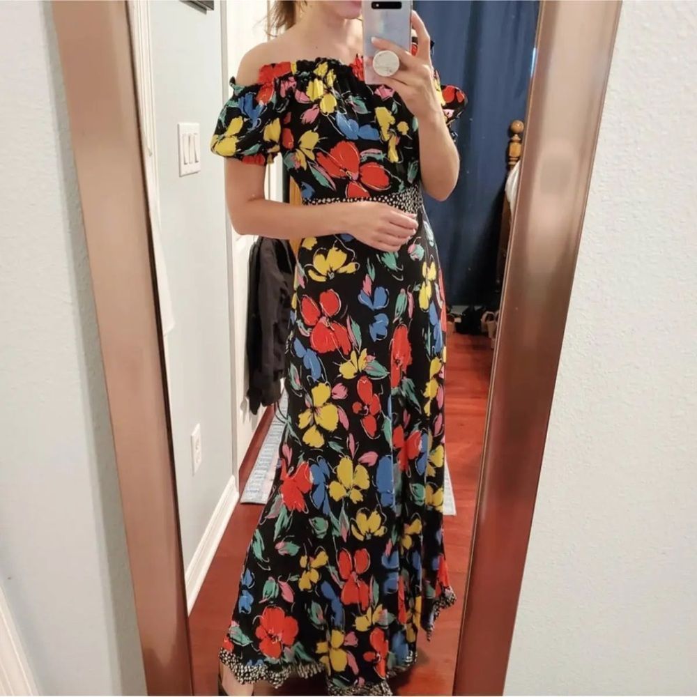 Rixo Target Floral Off Shoulder Puff Sleeve Dress Black Multicolor